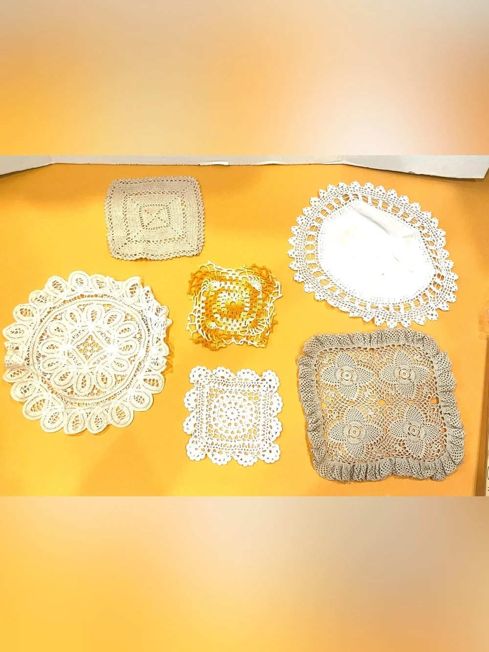 Lot of six mix of doilies and potholders made by my aunt and More